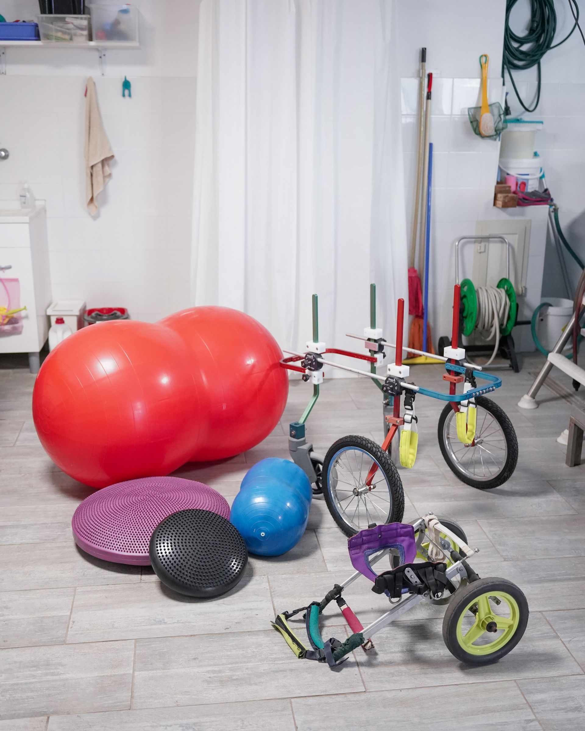 Una palla di arachidi rossa, palle da ginnastica e una bicicletta fatta in casa in un garage.