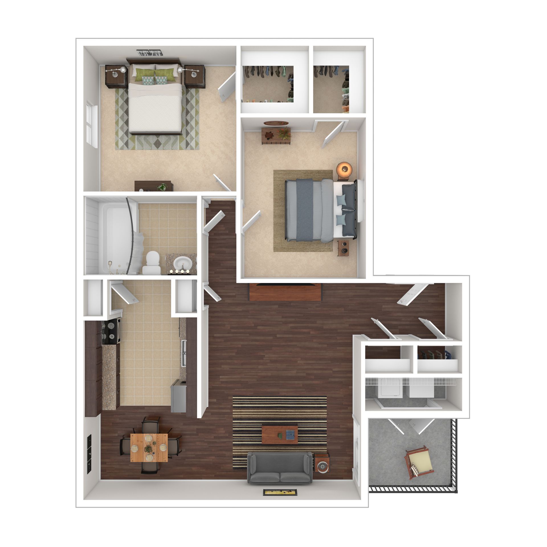 Floor plan of a two-bedroom apartment with living, dining, kitchen, and outdoor balcony.