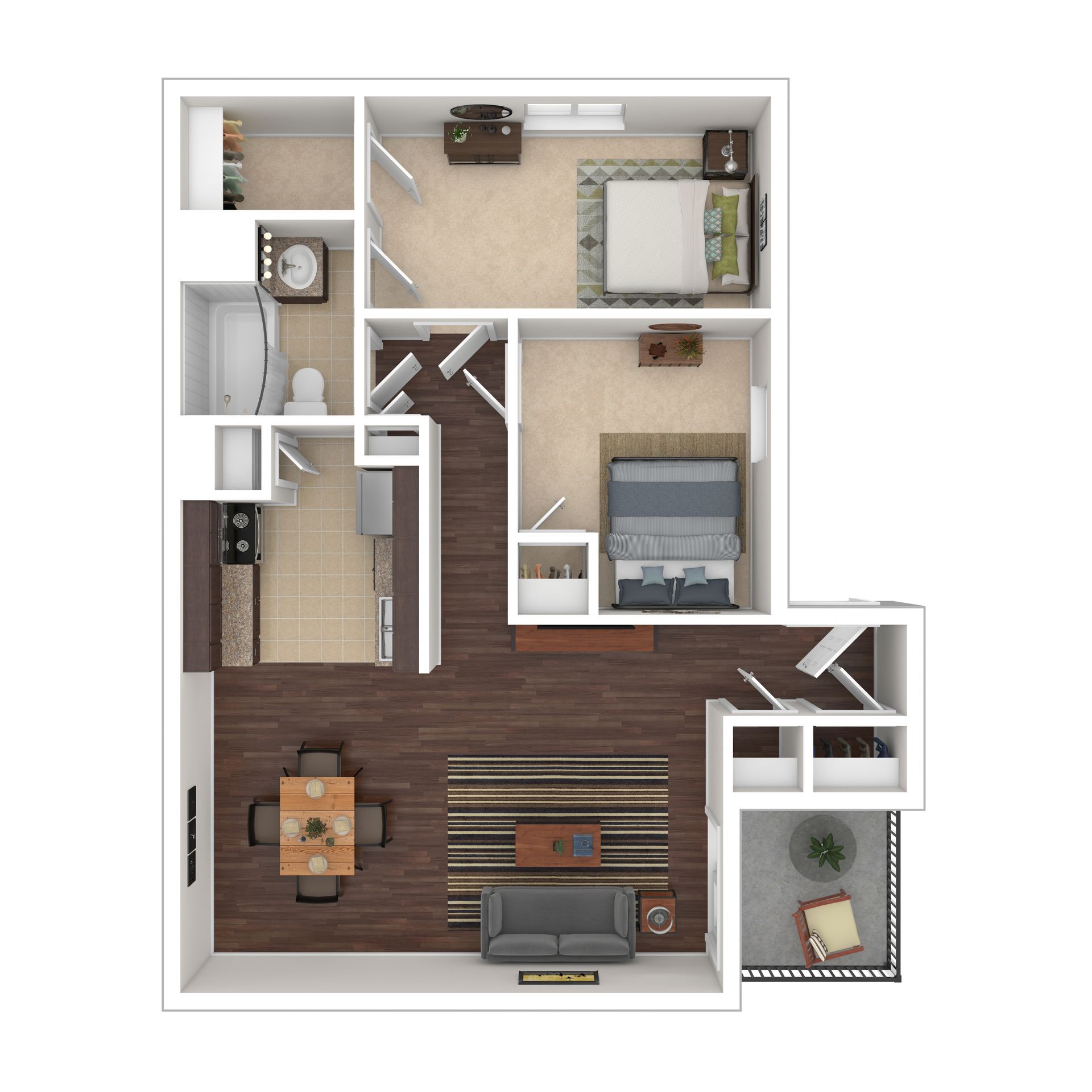 Floor plan: Two-bedroom apartment with living room, kitchen, balcony, and two bathrooms.