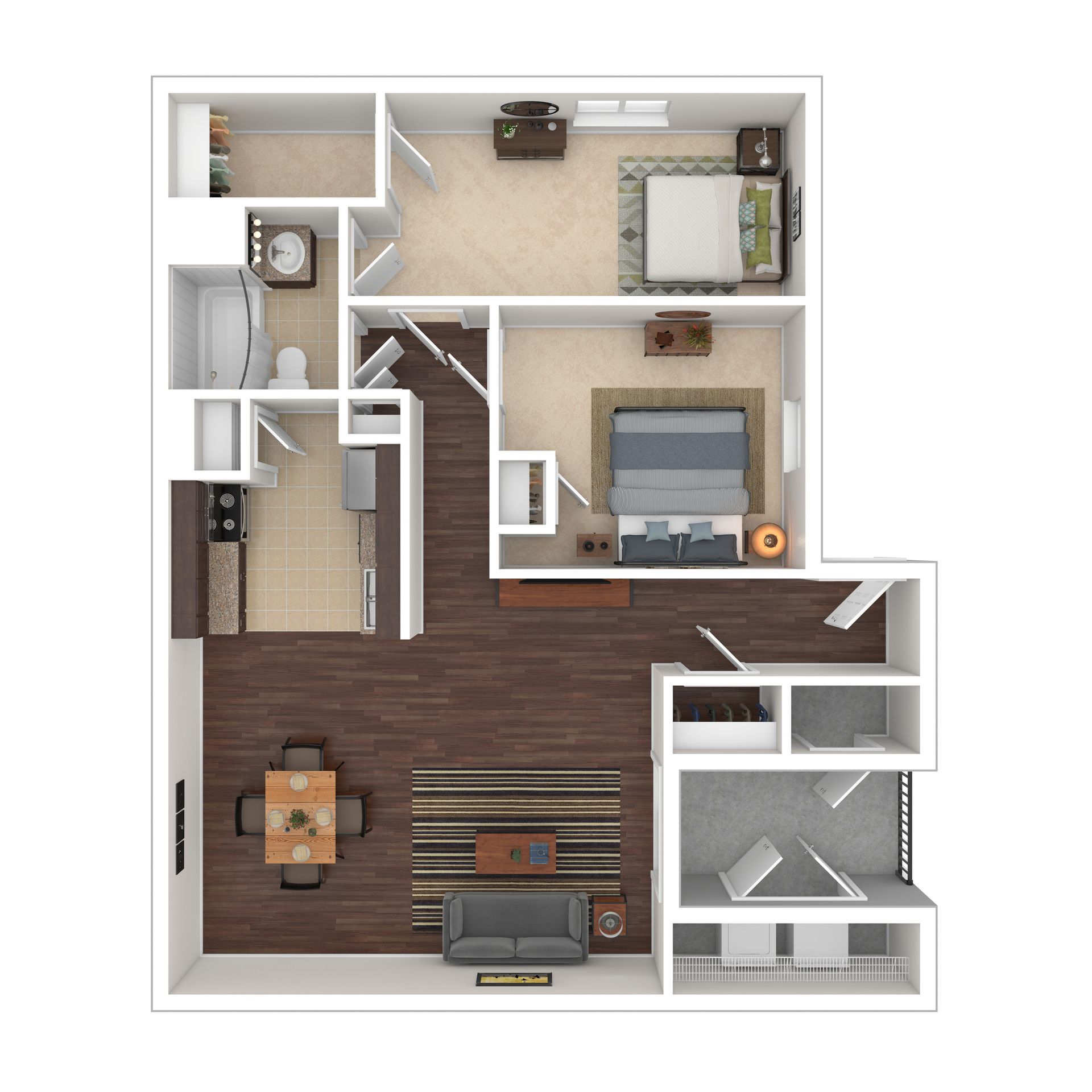 Floor plan of a two-bedroom apartment with living area, kitchen, dining, and balcony.