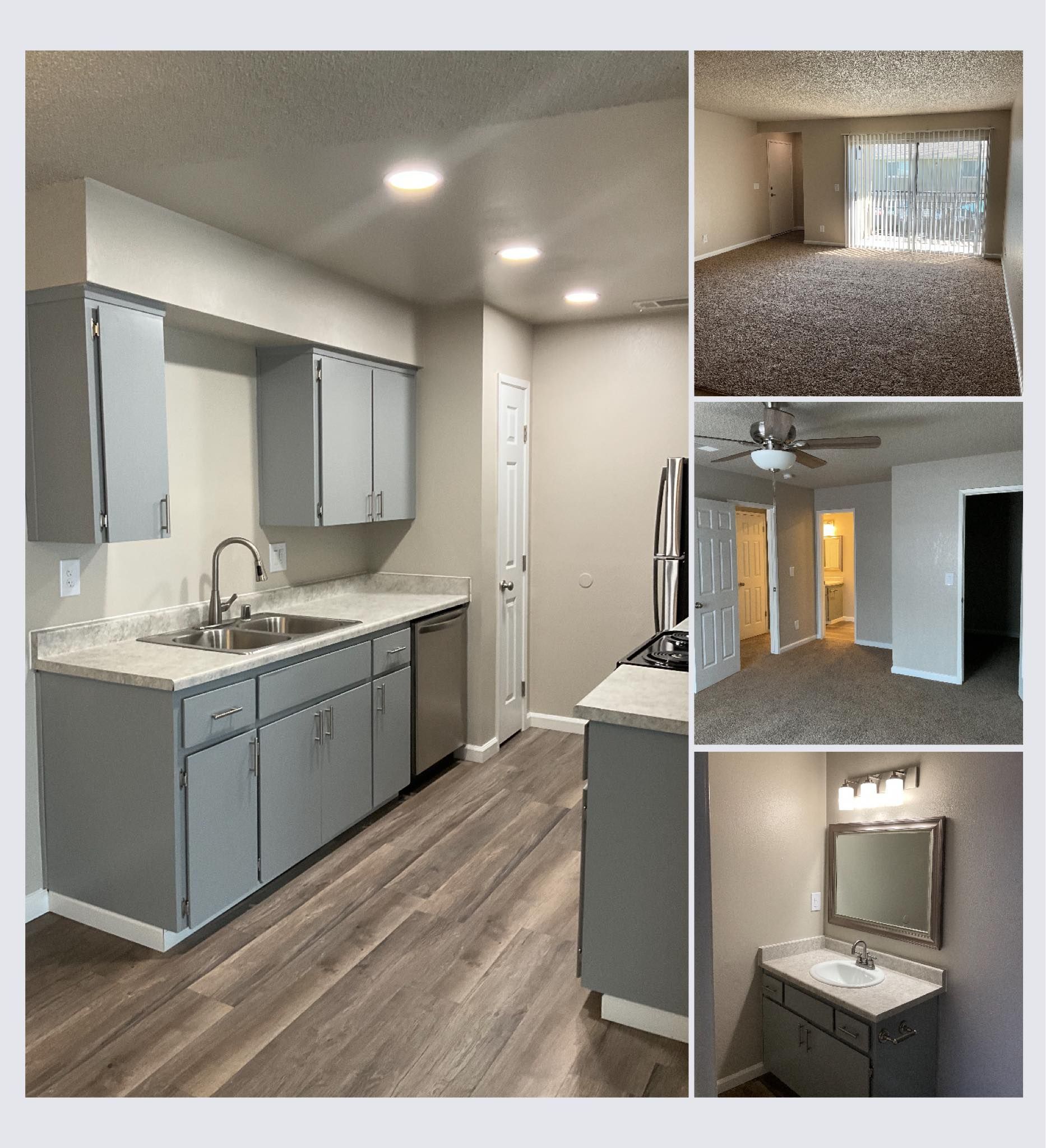 Kitchen and rooms in a remodeled apartment with gray cabinets, wood-look floors, and neutral walls.