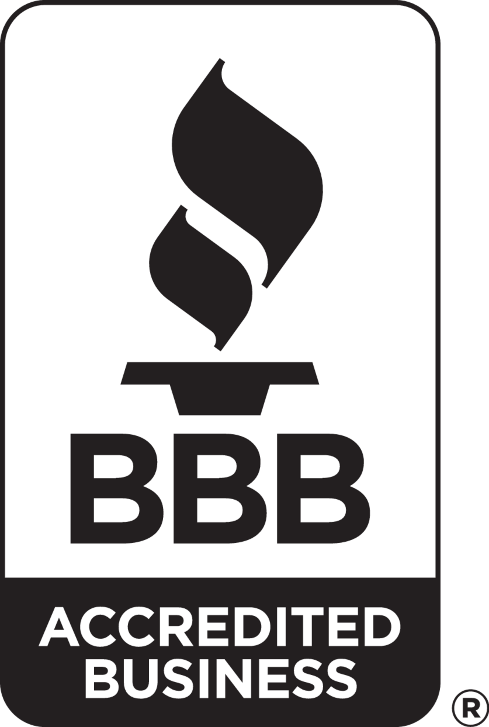 A black and white logo for an accredited business.