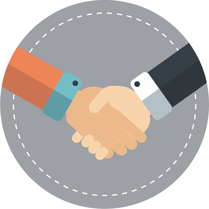 Hands shaking, orange and black suit sleeves, gray background.