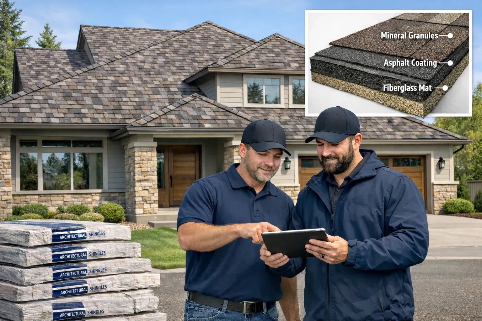 Two roofing professionals reviewing a tablet in front of a modern suburban home with a multi-tonal