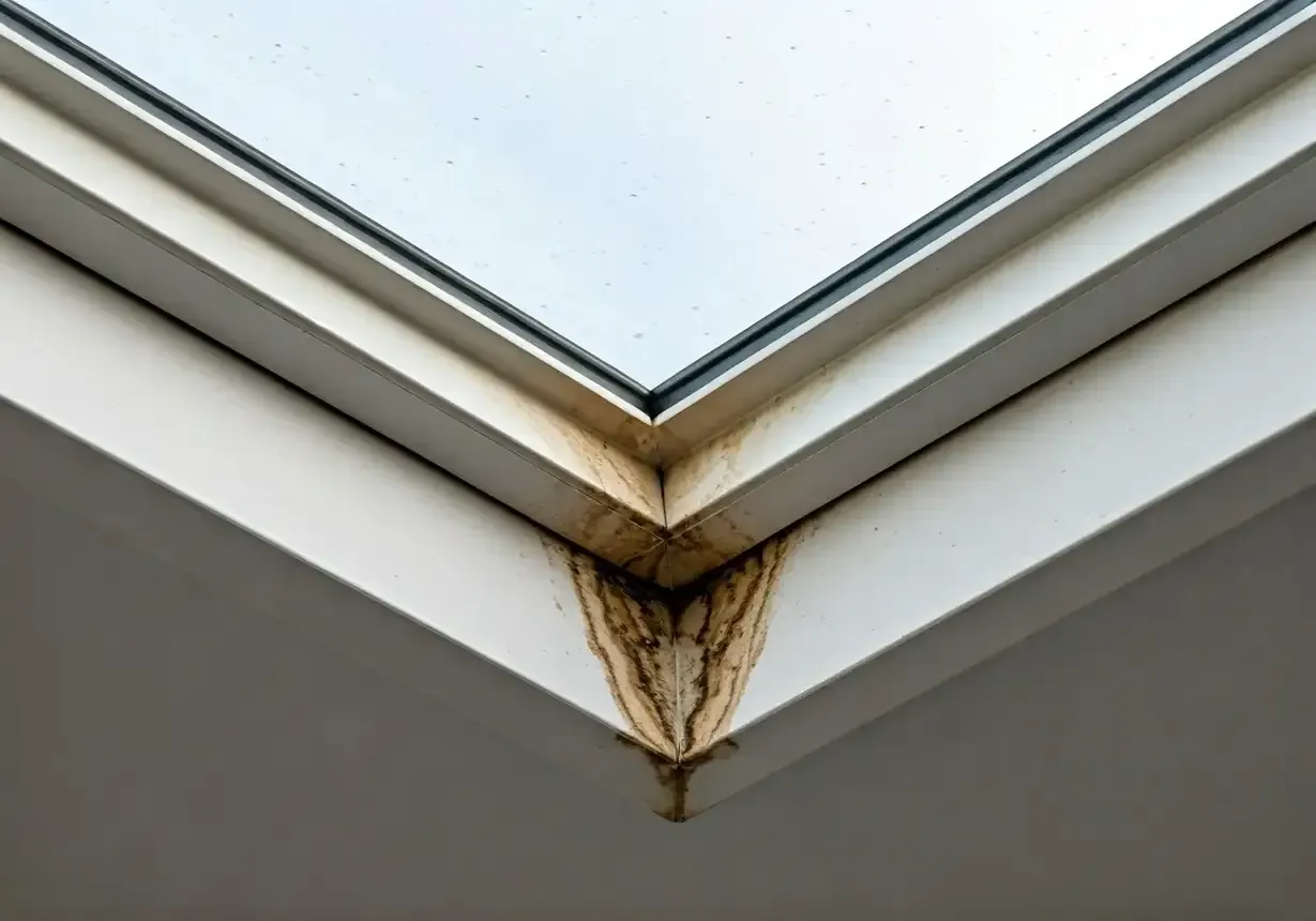 Skylight leak damage showing water stains requiring skylight leak repair