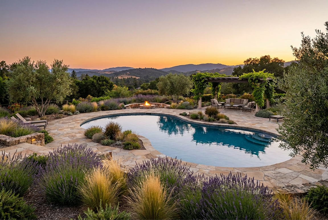 Pool area with mountain views, lavender, and a pergola at sunset.