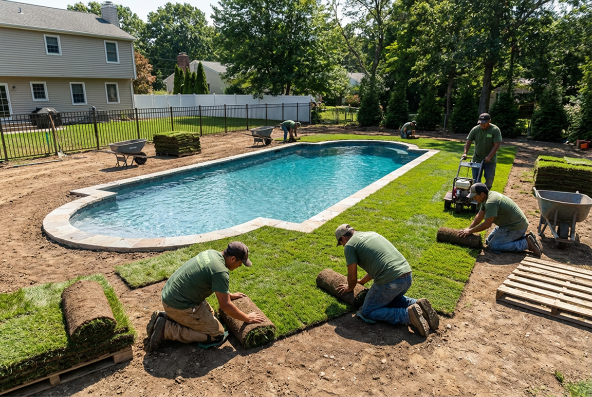 Workers installing sod around a pool. They wear green shirts and work outdoors on a sunny day.