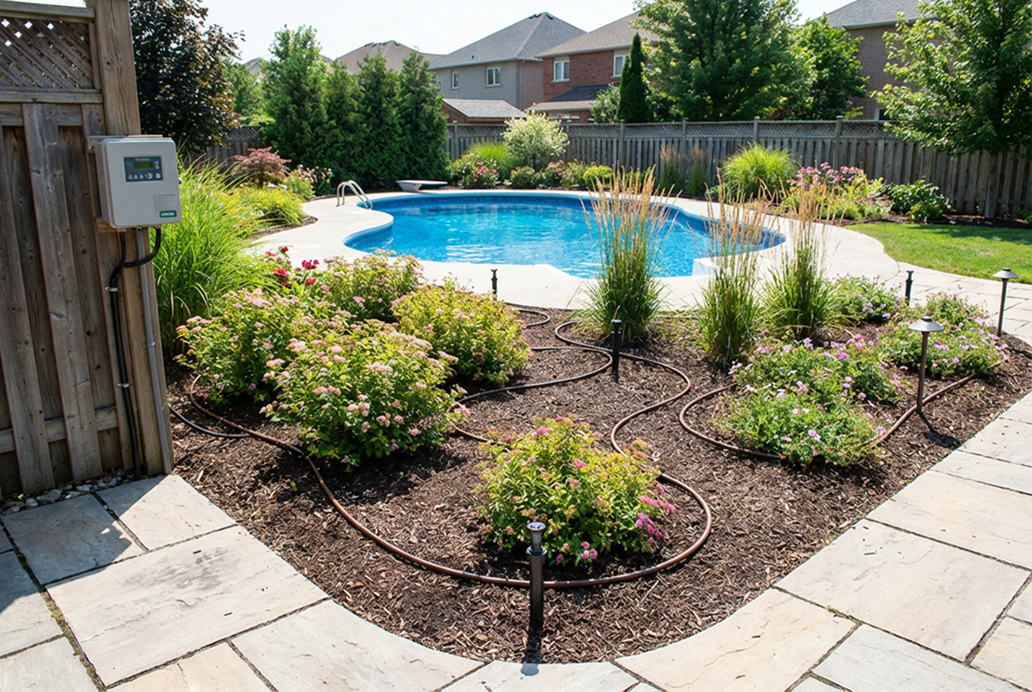 Pool surrounded by a flower garden with irrigation tubing. Stone patio in the foreground, houses in the background.