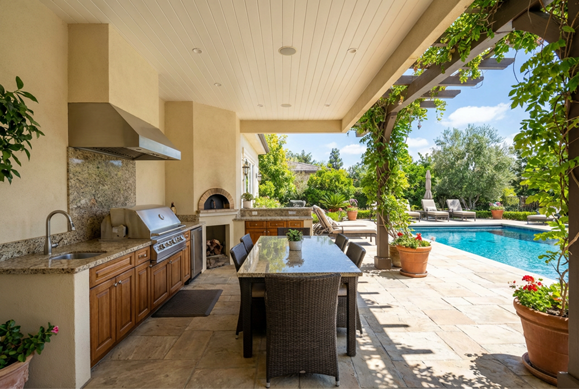 Outdoor kitchen with grill, oven, sink, and dining table next to a pool.