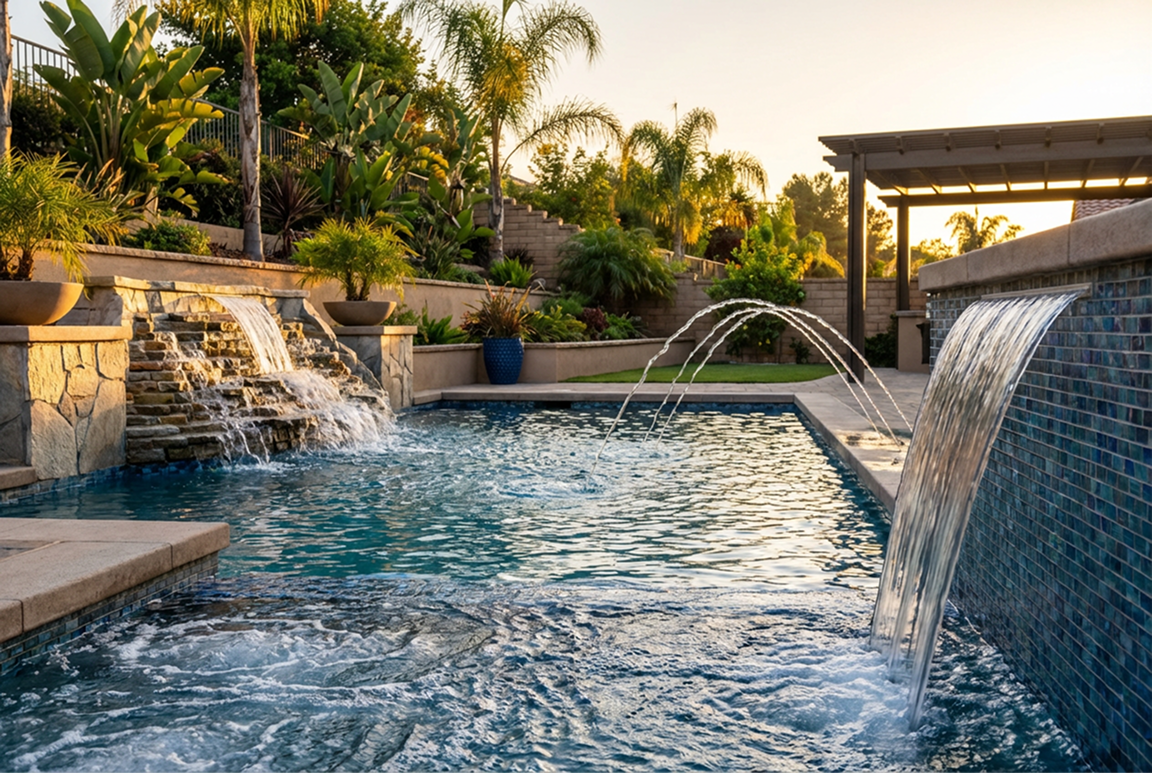 Swimming pool with waterfalls and fountains, surrounded by lush landscaping and a pergola.