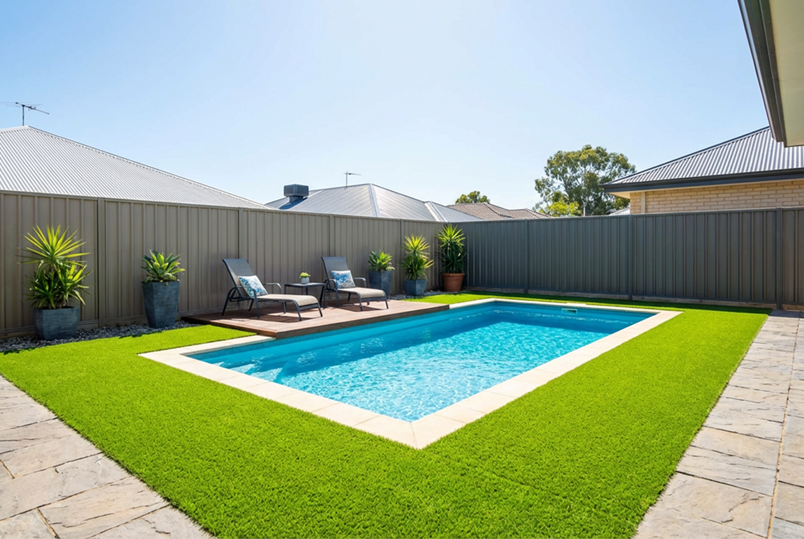 Rectangular pool in a backyard with artificial grass, lounge chairs, and gray fence under a blue sky.