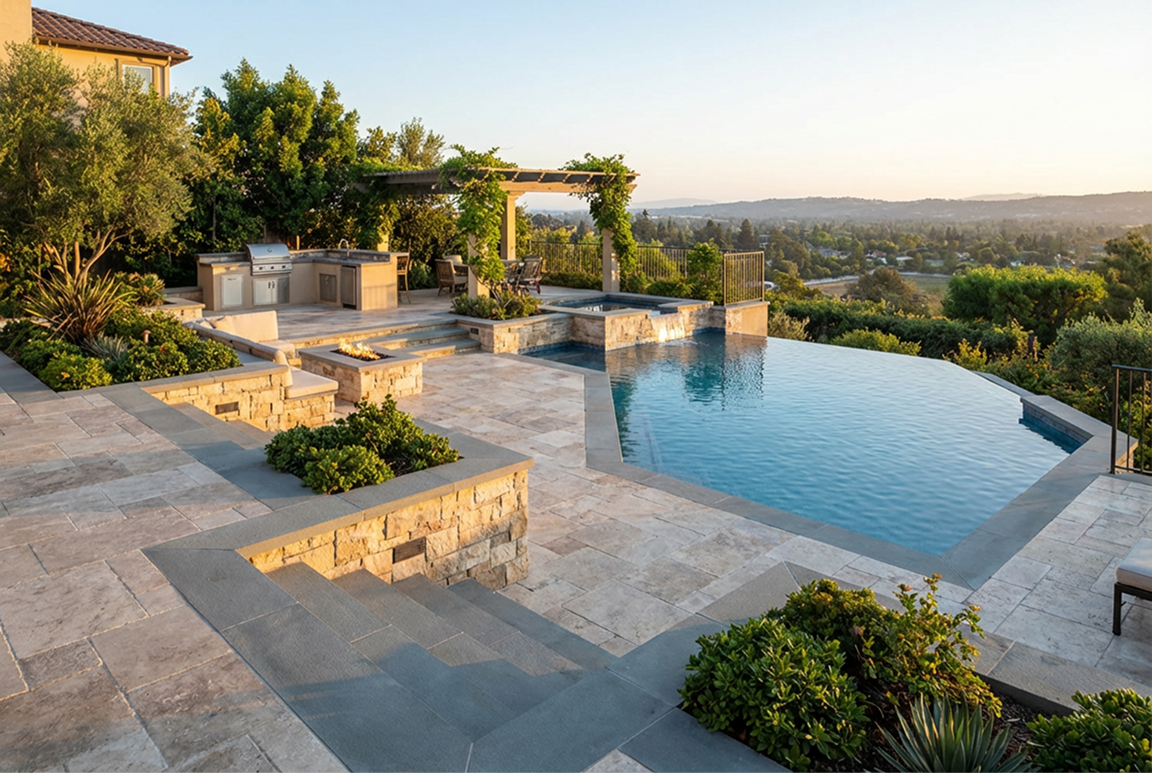 Backyard patio with infinity pool, outdoor kitchen, pergola, and scenic view.