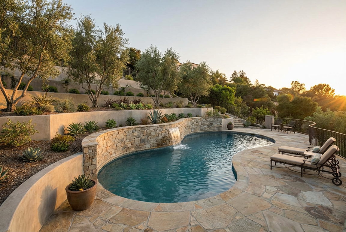 Pool with stone waterfall, terraced landscaping, lounge chairs, and sunset view.