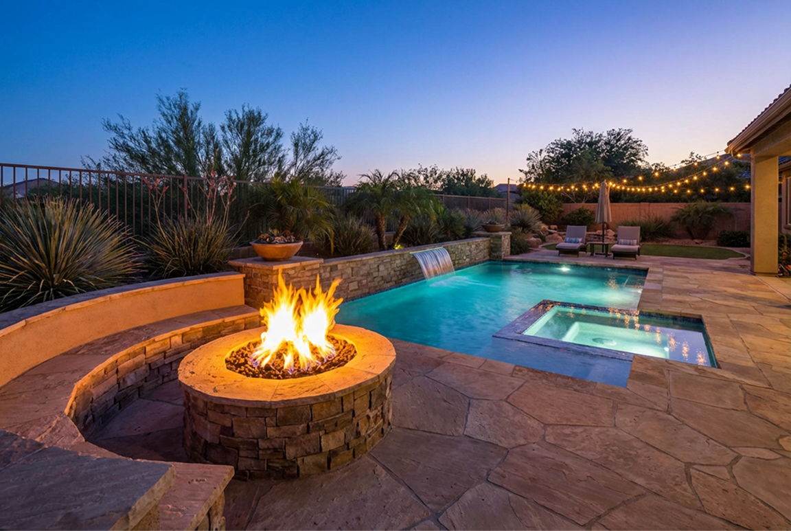 Backyard with fire pit, pool, and spa at dusk. String lights illuminate the scene.