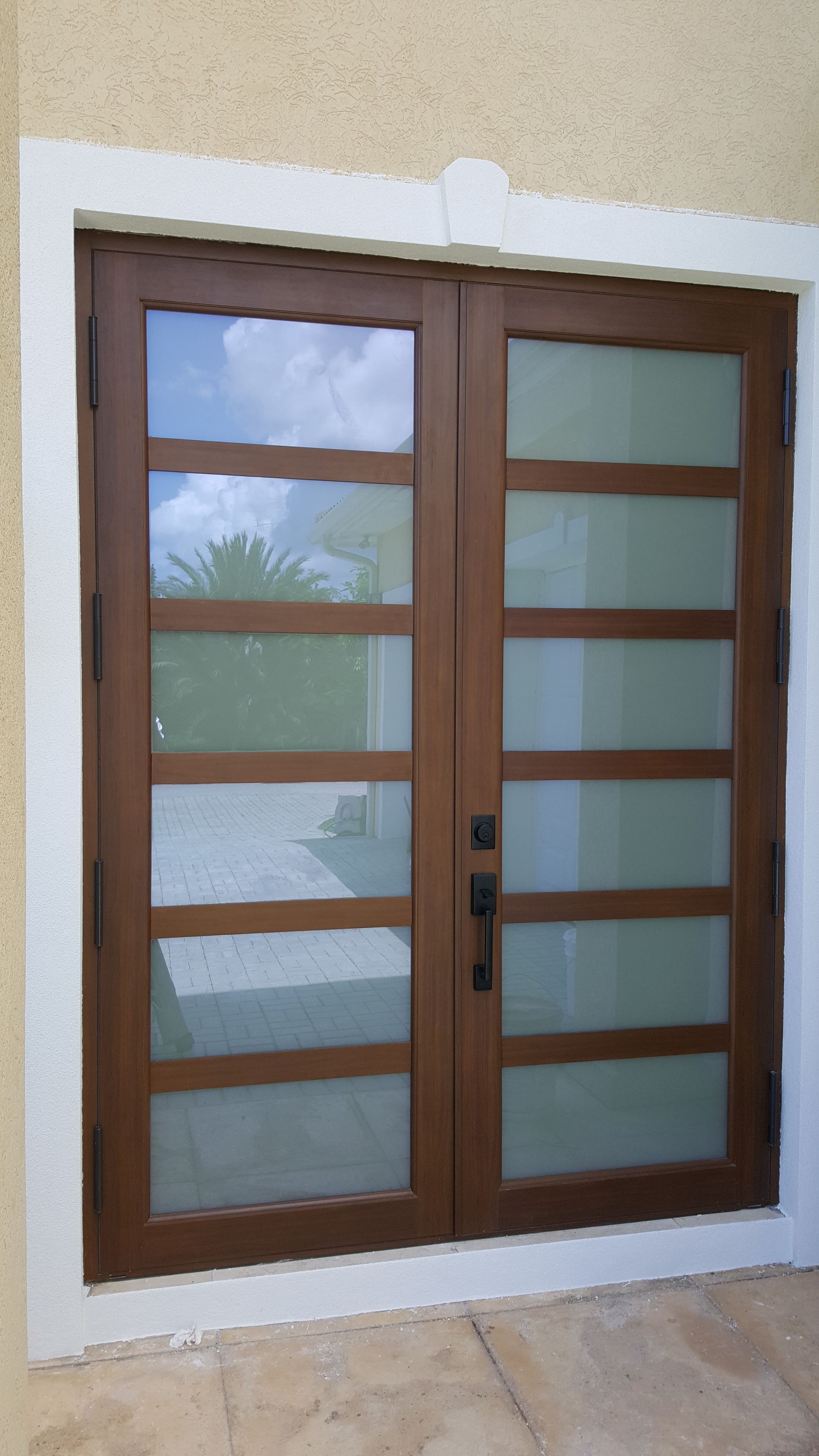 A door with a reflection of a palm tree in it