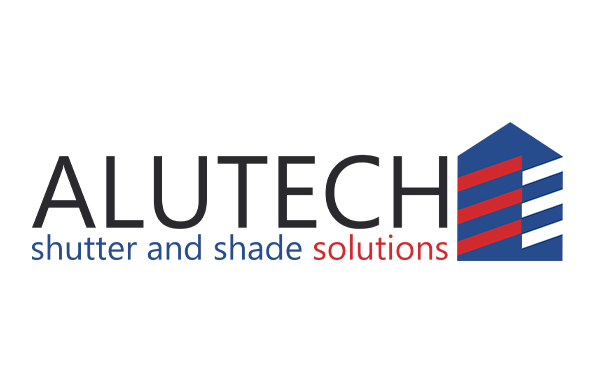 A logo for a company called alutech shutter and shade solutions