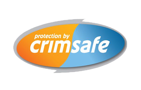 A blue and orange logo for protection by crimsafe