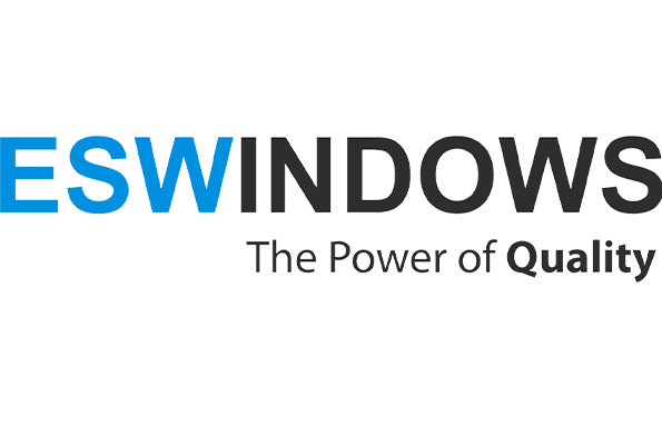 The logo for es windows is blue and black and says the power of quality.