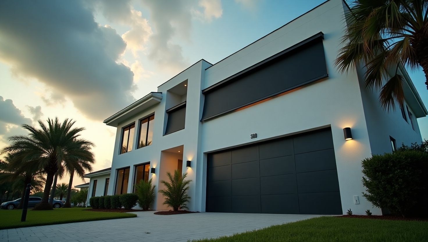 Contemporary Florida Home with Installed Hurricane Shutters Modern Florida home equipped with black roll-down hurricane shutters during sunset, showcasing storm-ready architecture.