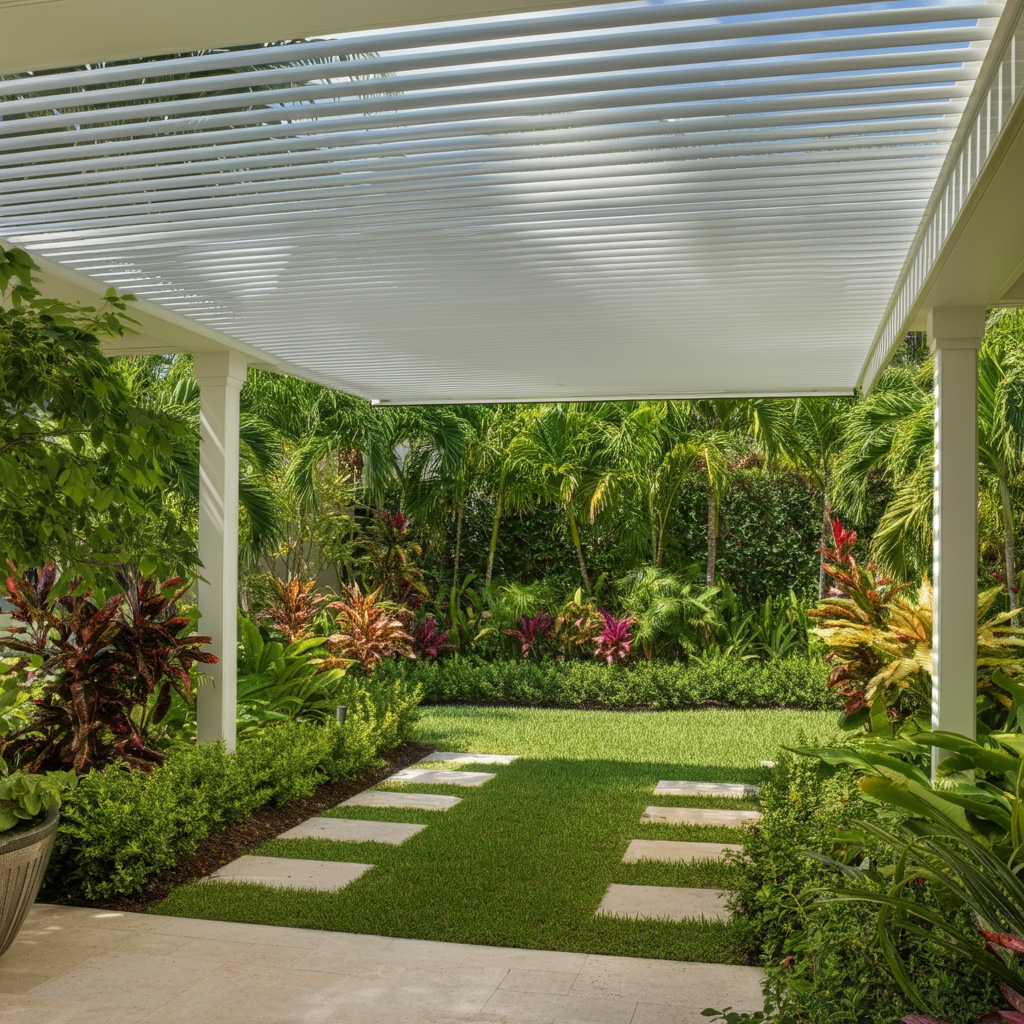 Modern operable pergola in a serene garden setting in Broward County, South Florida, with vibrant greenery