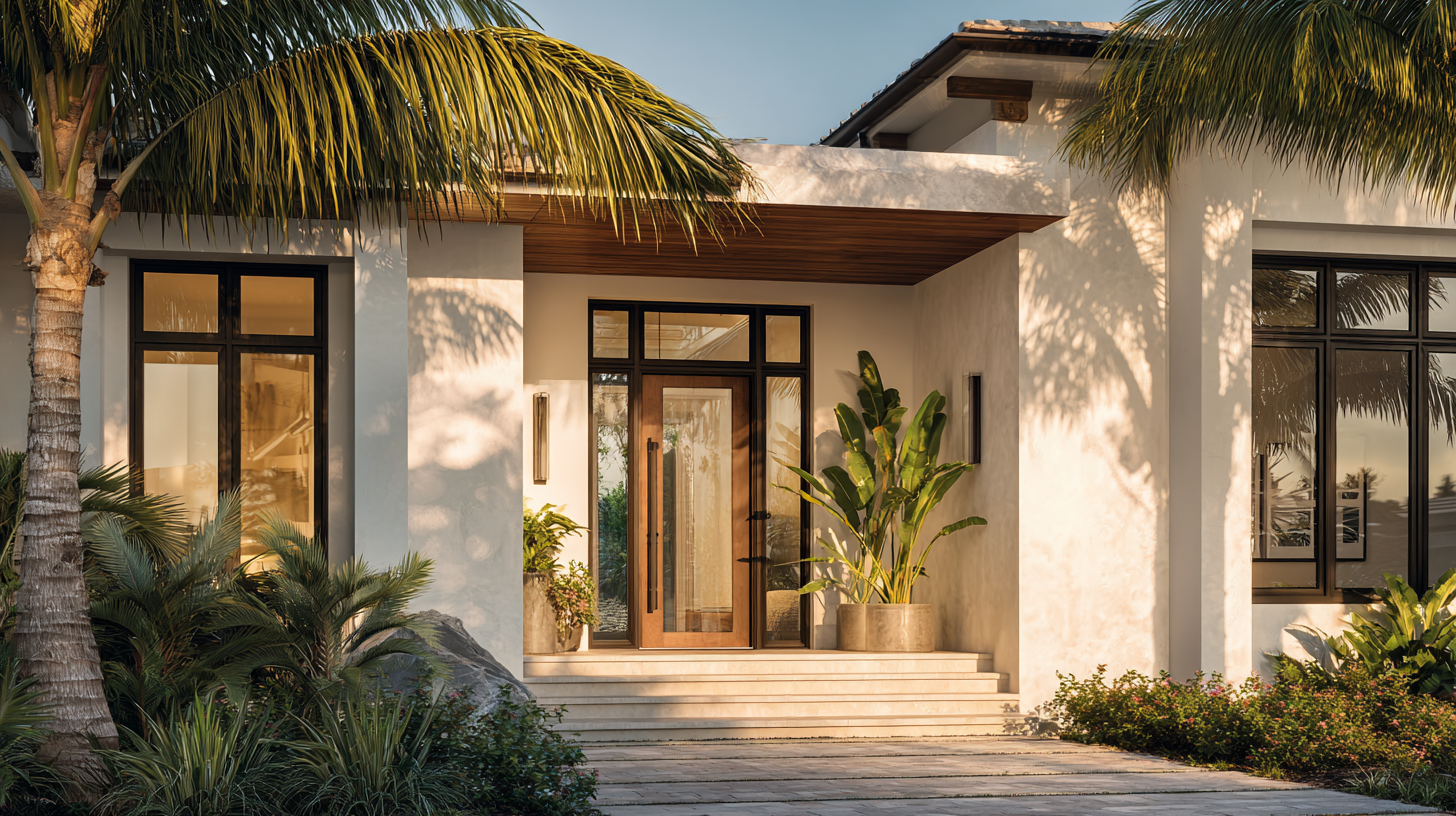 Modern white house with palm trees, entrance steps, and glass door.