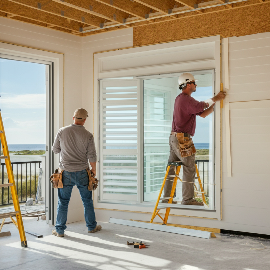 Two men are working on a window in a room
