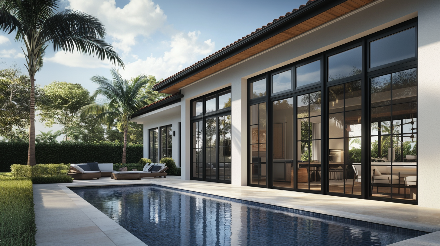 A large white house with a black garage door is sitting on top of a lush green hillside.