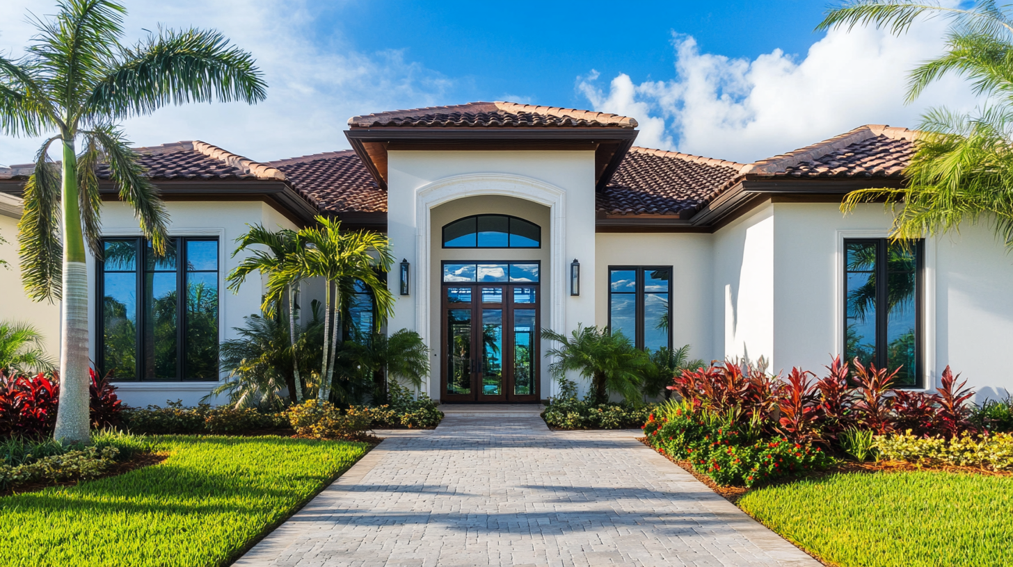 A large white house with a palm tree in front of it.