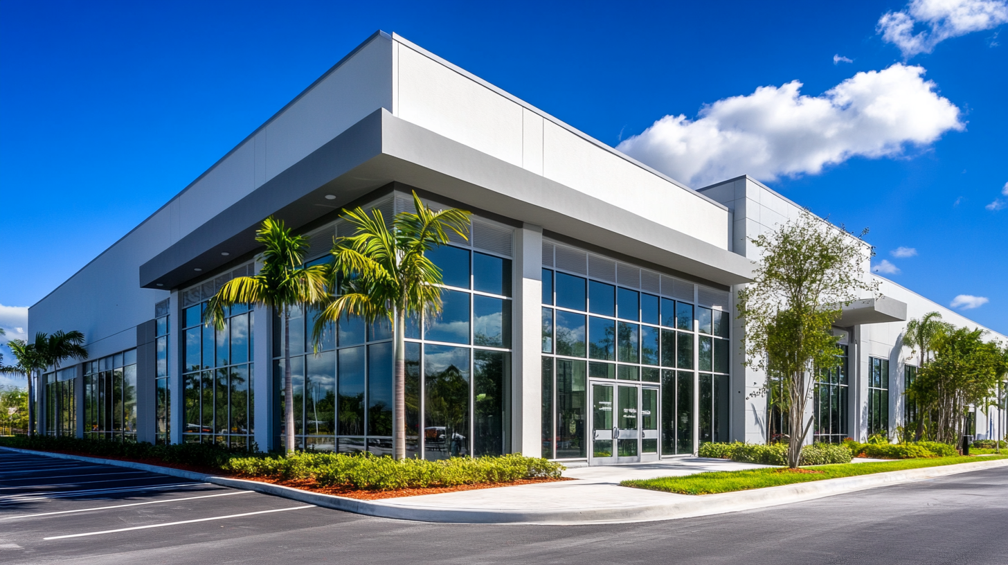 A large white building with a lot of windows and palm trees in front of it.