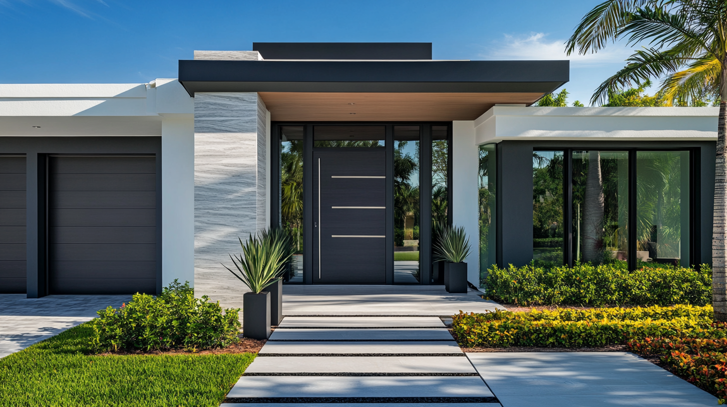 A modern house with a black door and a black garage door.