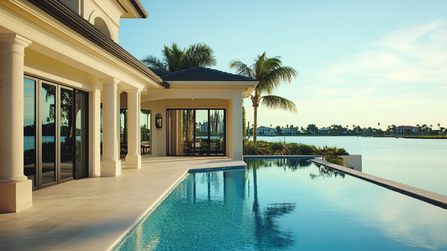 A large house with a swimming pool in front of it.