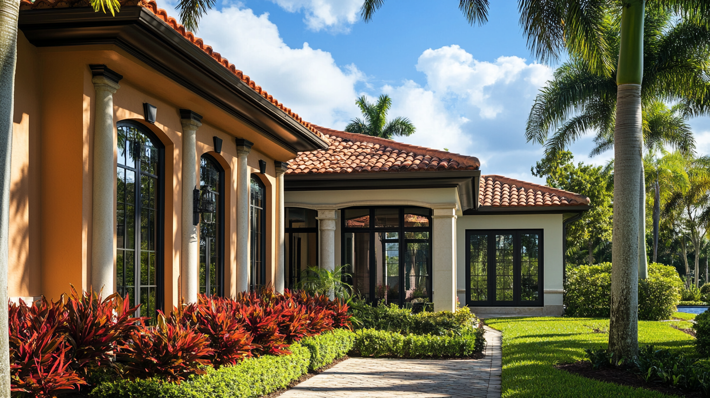 A large house with a lot of windows is surrounded by trees and bushes.