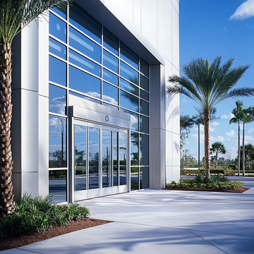 A white building with black windows and a blue sky in the background