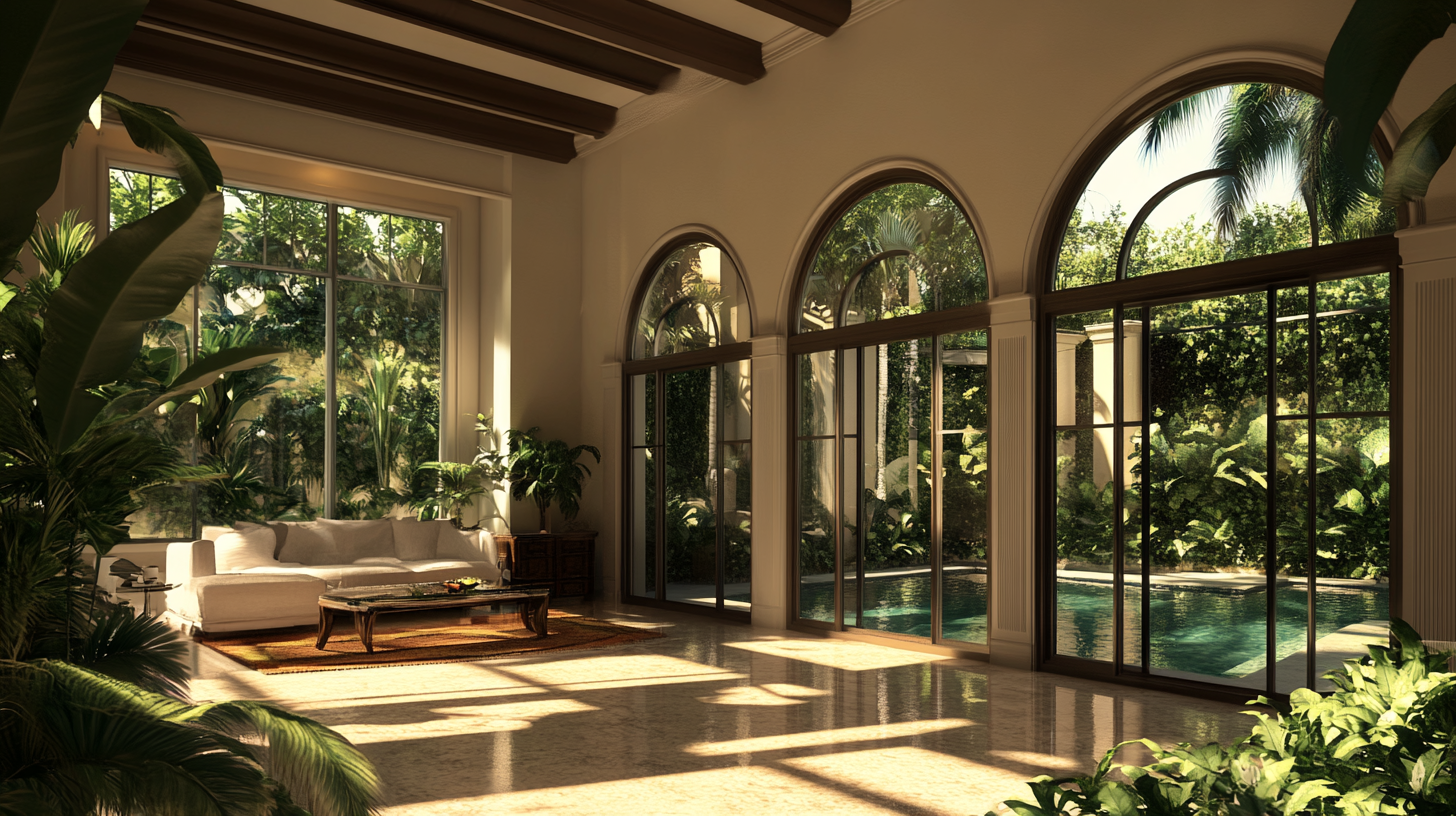 A living room with a lot of windows and a couch.