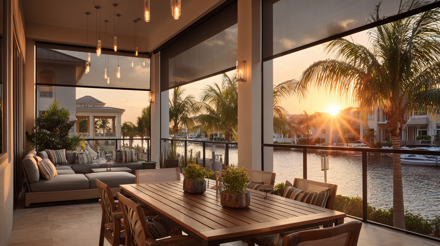 Outdoor patio with a view of the ocean; retractable screen, furniture and sunset.