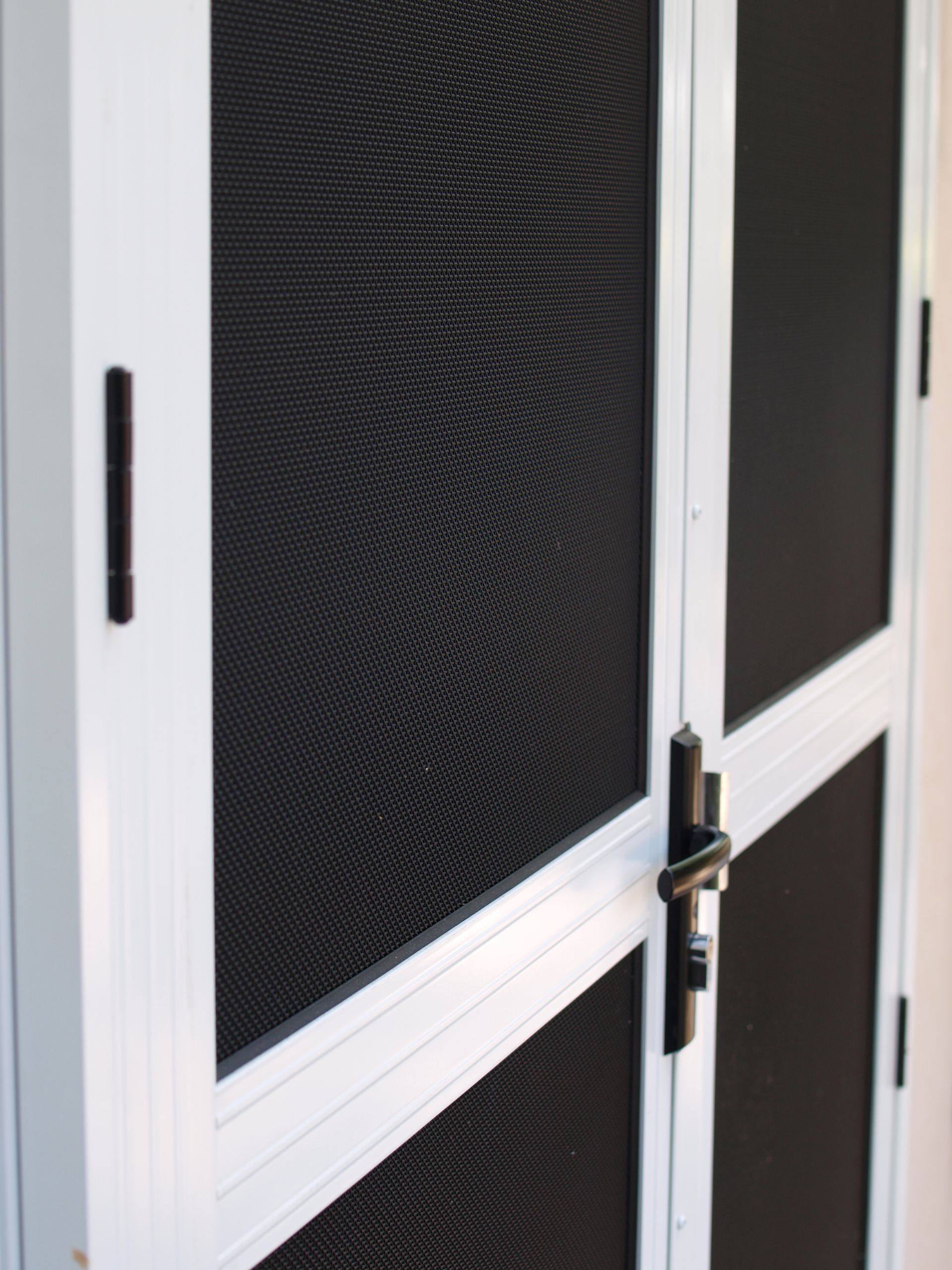 A close up of a screen door with a handle