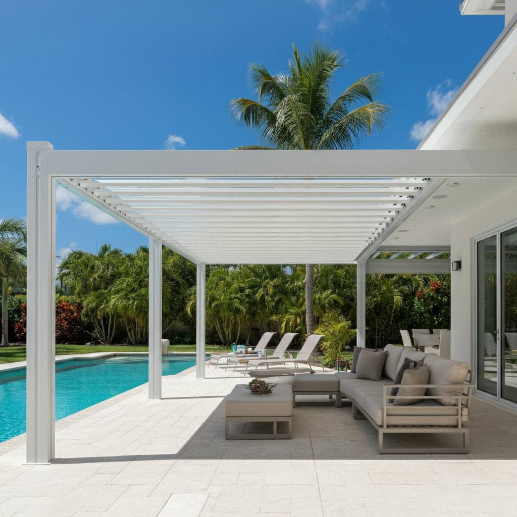 Modern operable pergola shading a poolside patio in Broward County, South Florida, with lush palm trees