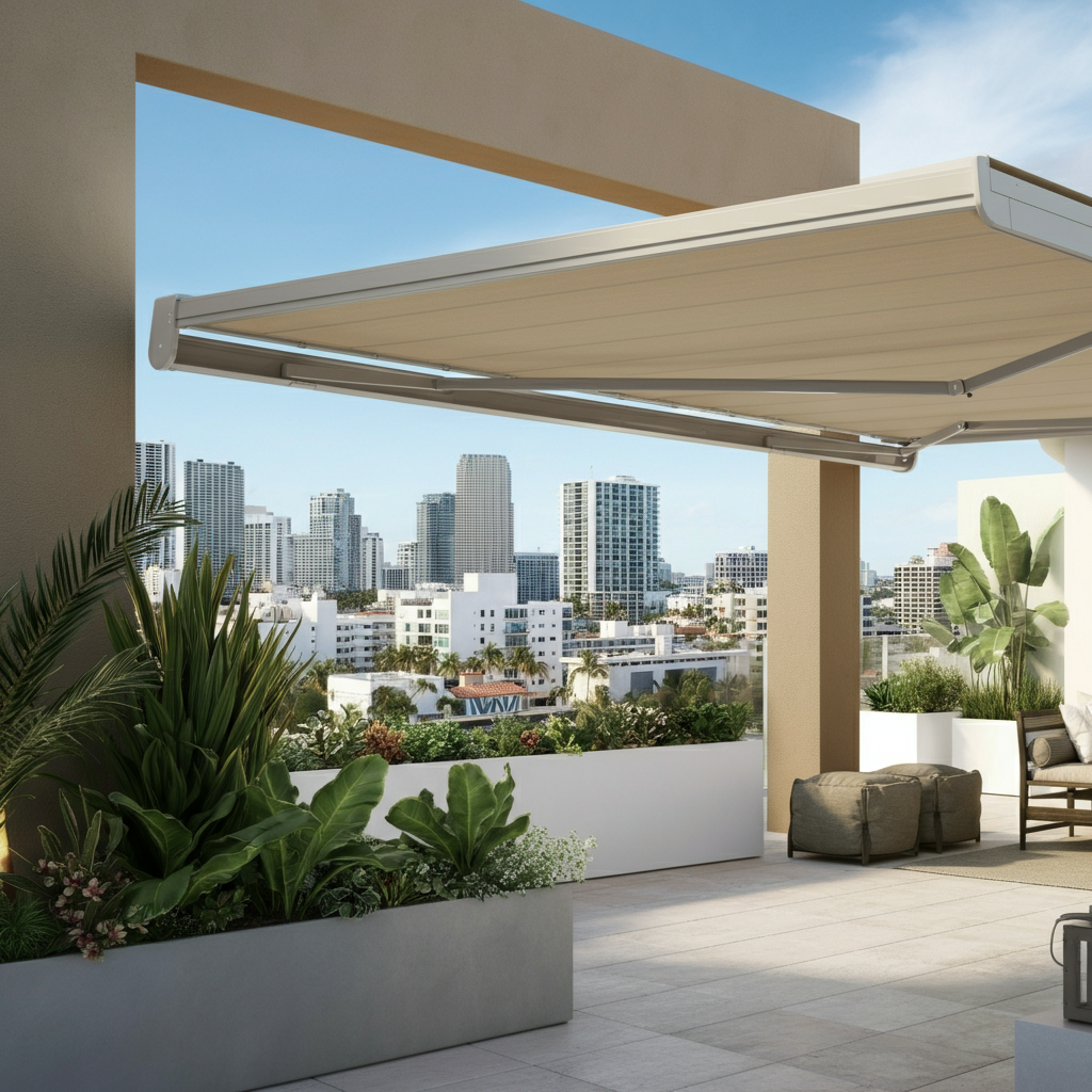 Modern retractable awning on a rooftop terrace in South Florida with city skyline views