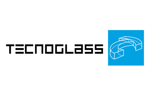 A blue and white logo for a company called tecnoglass.