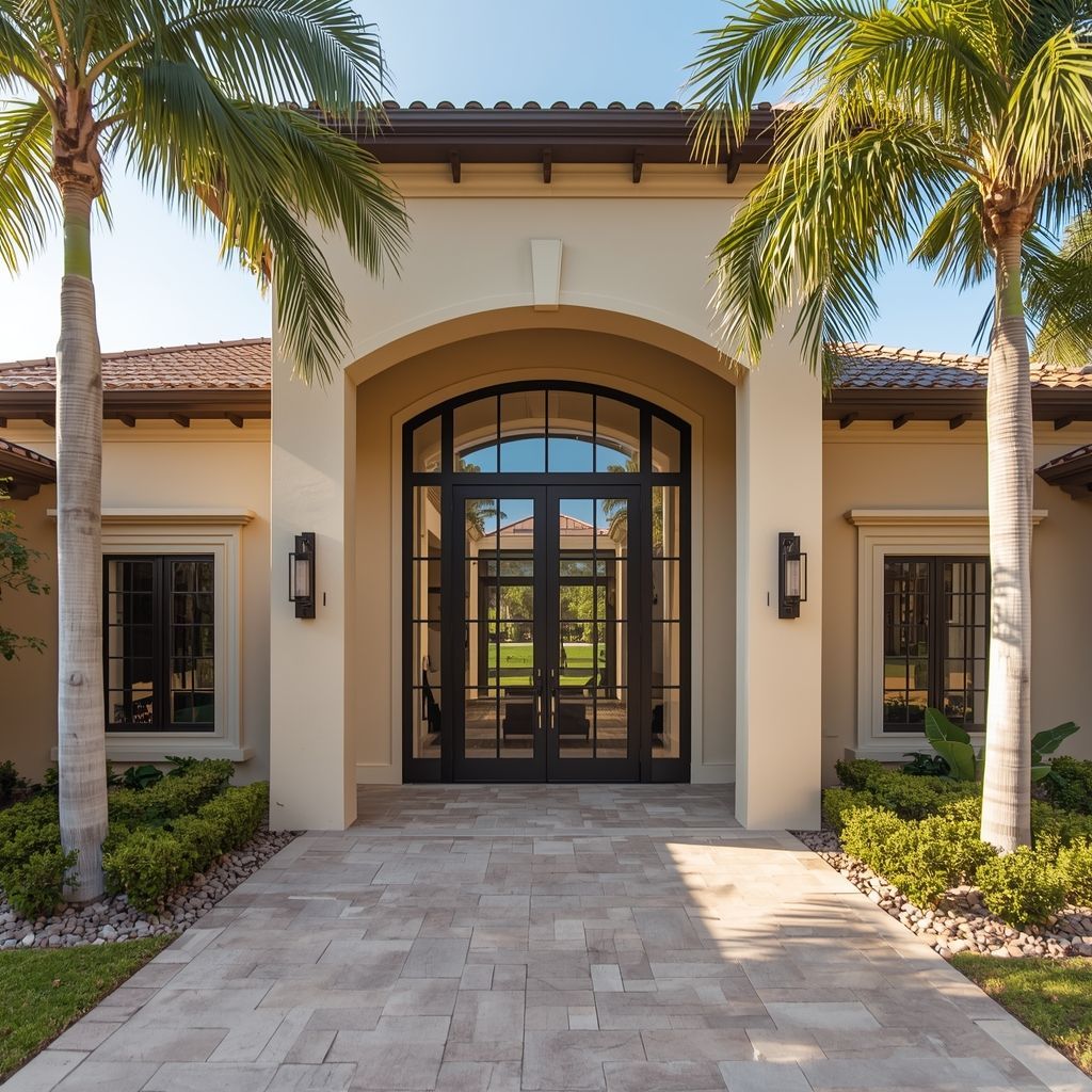 Luxury South Florida home featuring custom hurricane impact double doors framed by palm trees.