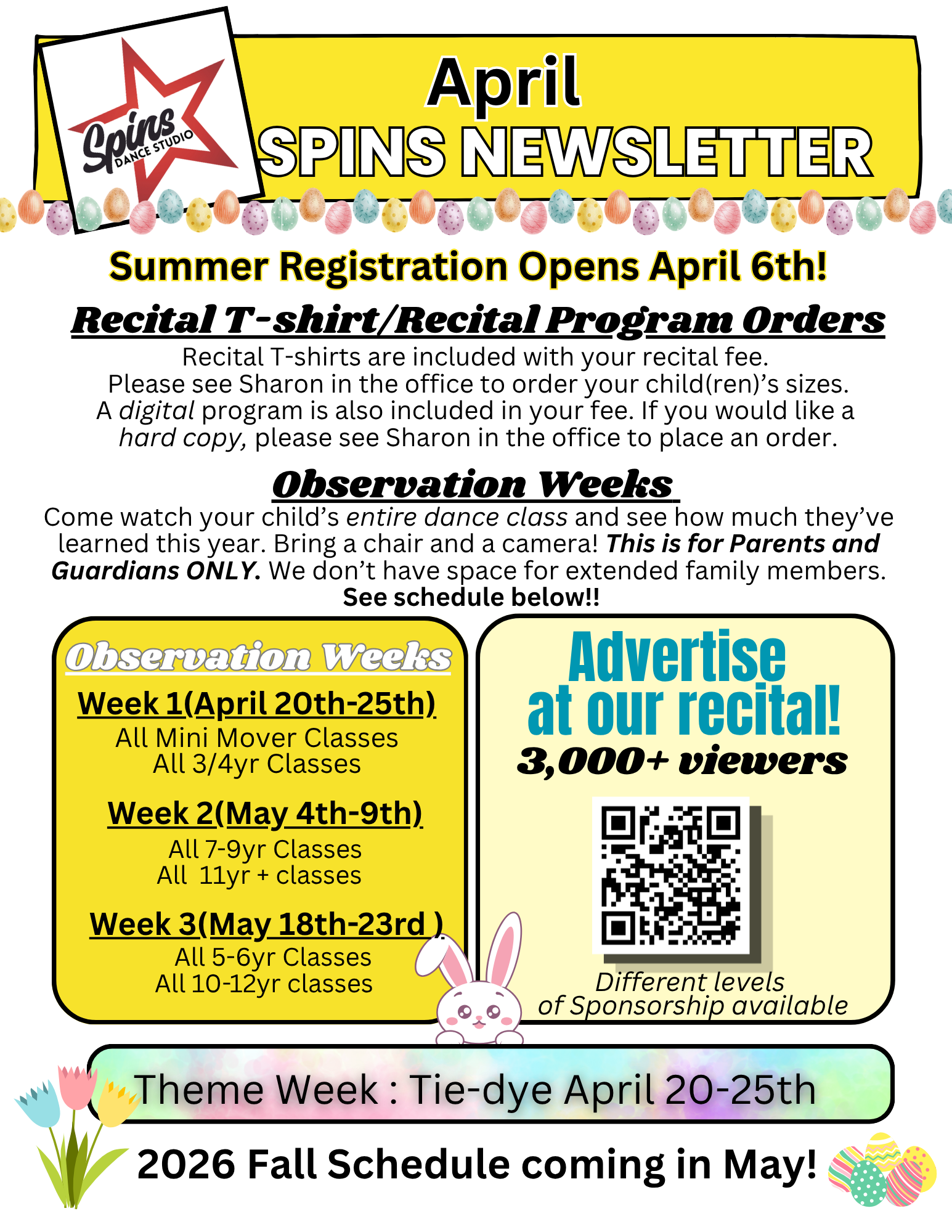 April Spins Newsletter. Recital fee due, summer schedule, camp info. Spring break camp and theme week announced.