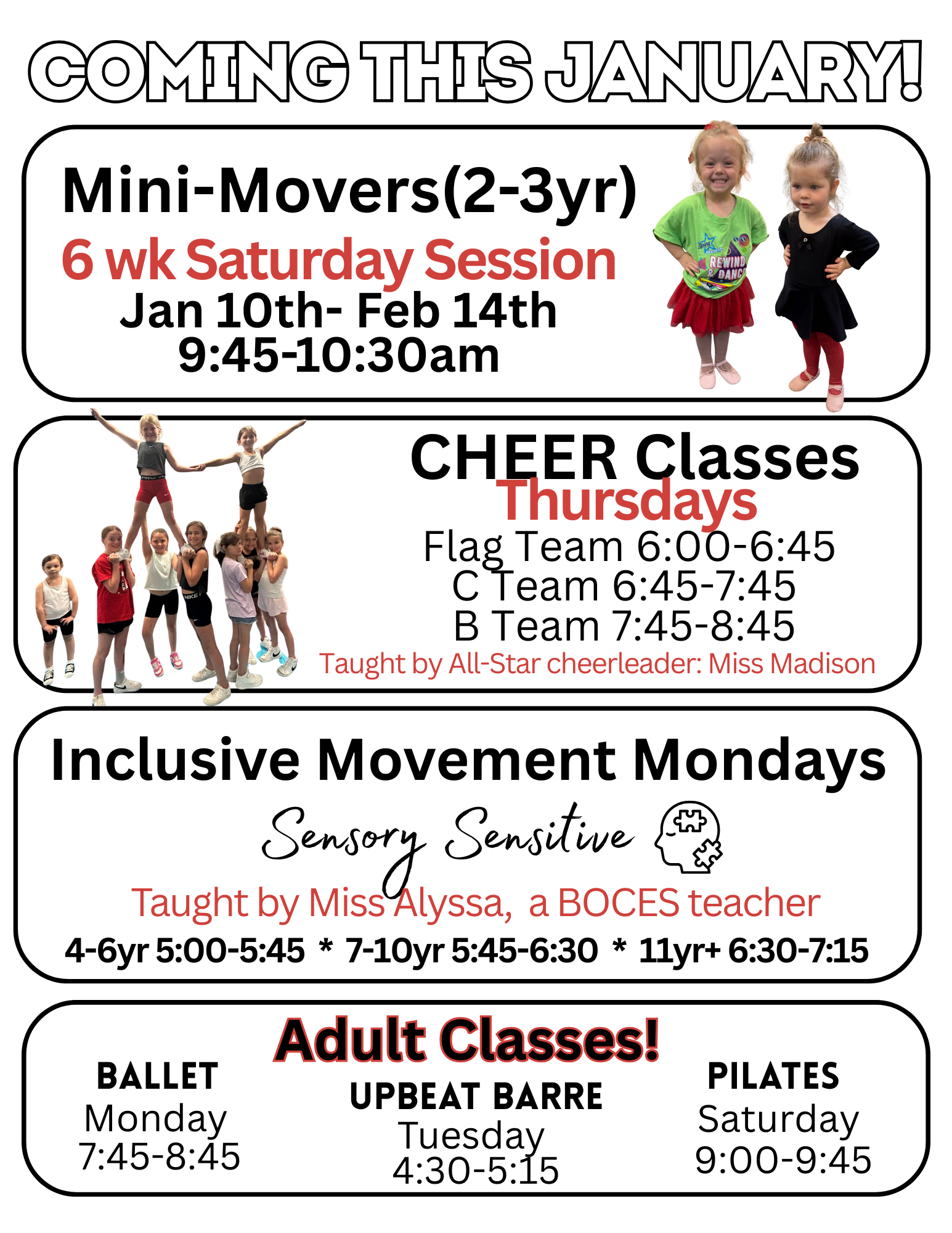 Nutcracker dance workshop flyer with illustrations of a ballerina and nutcracker, for ages 4-10.