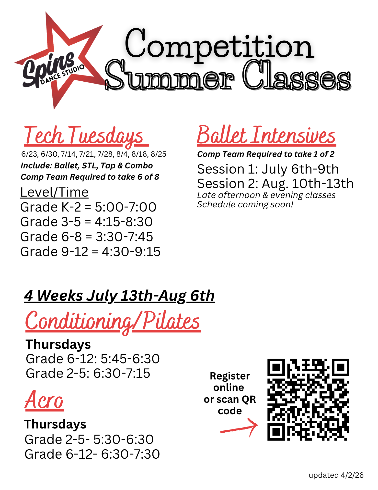 Flyer for Spins dance studio summer competition classes, including schedules for Tech Tuesdays, Ballet, and Pilates.