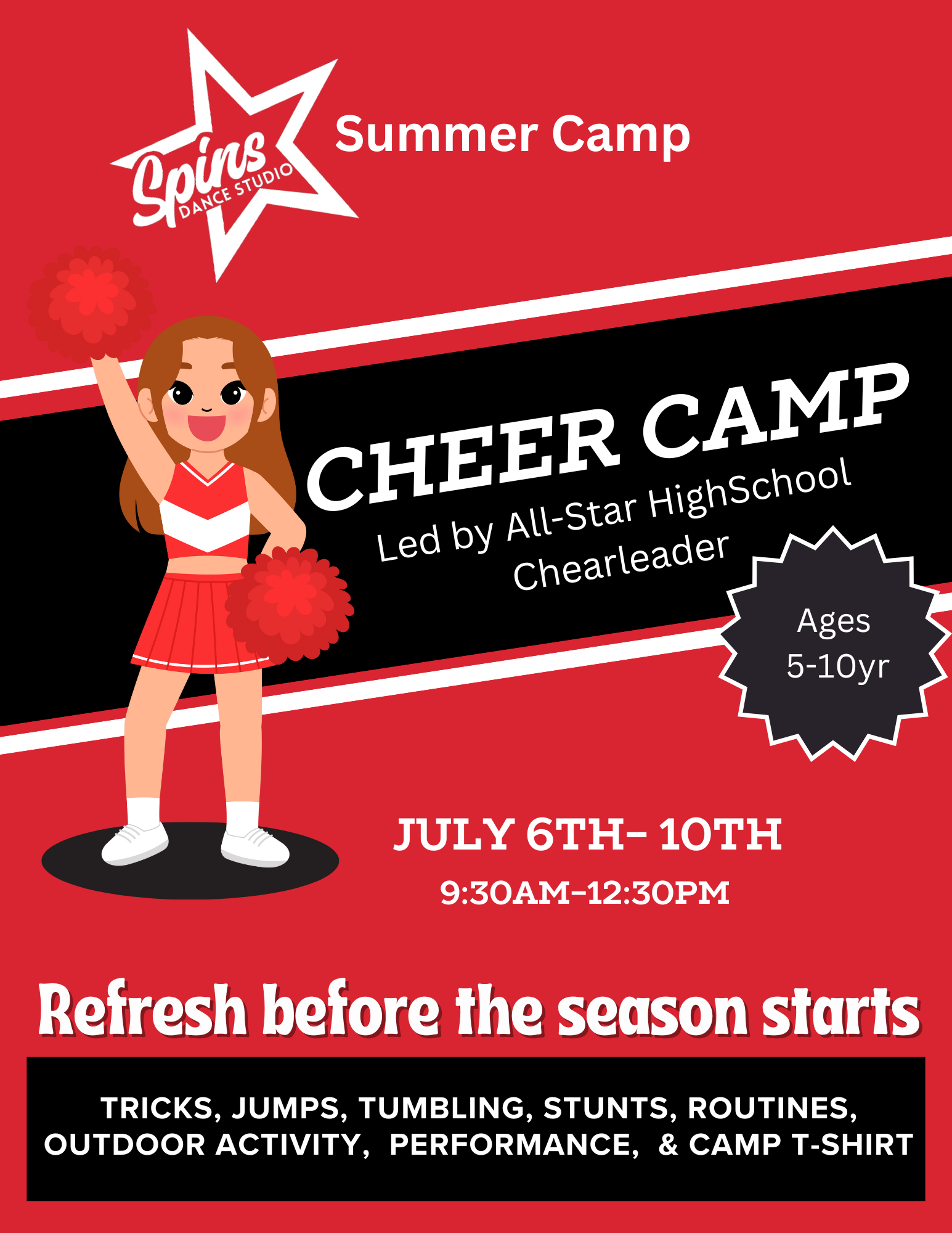 Cheer camp flyer with cartoon cheerleader, red background, dates July 6-10, ages 5-10, includes activities and a t-shirt.