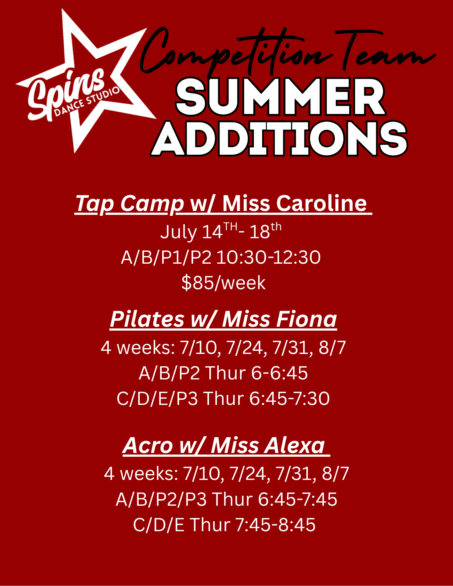 A red poster for competition team summer additions.