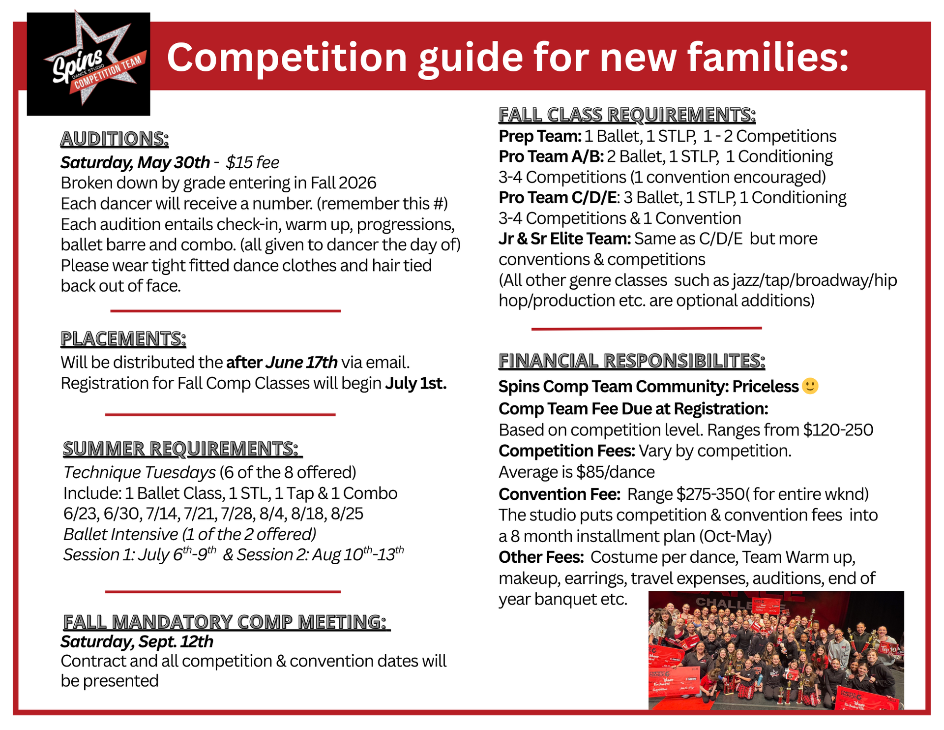 Competition guide for dance families. Text on a red background details class requirements, fees, and meeting info.