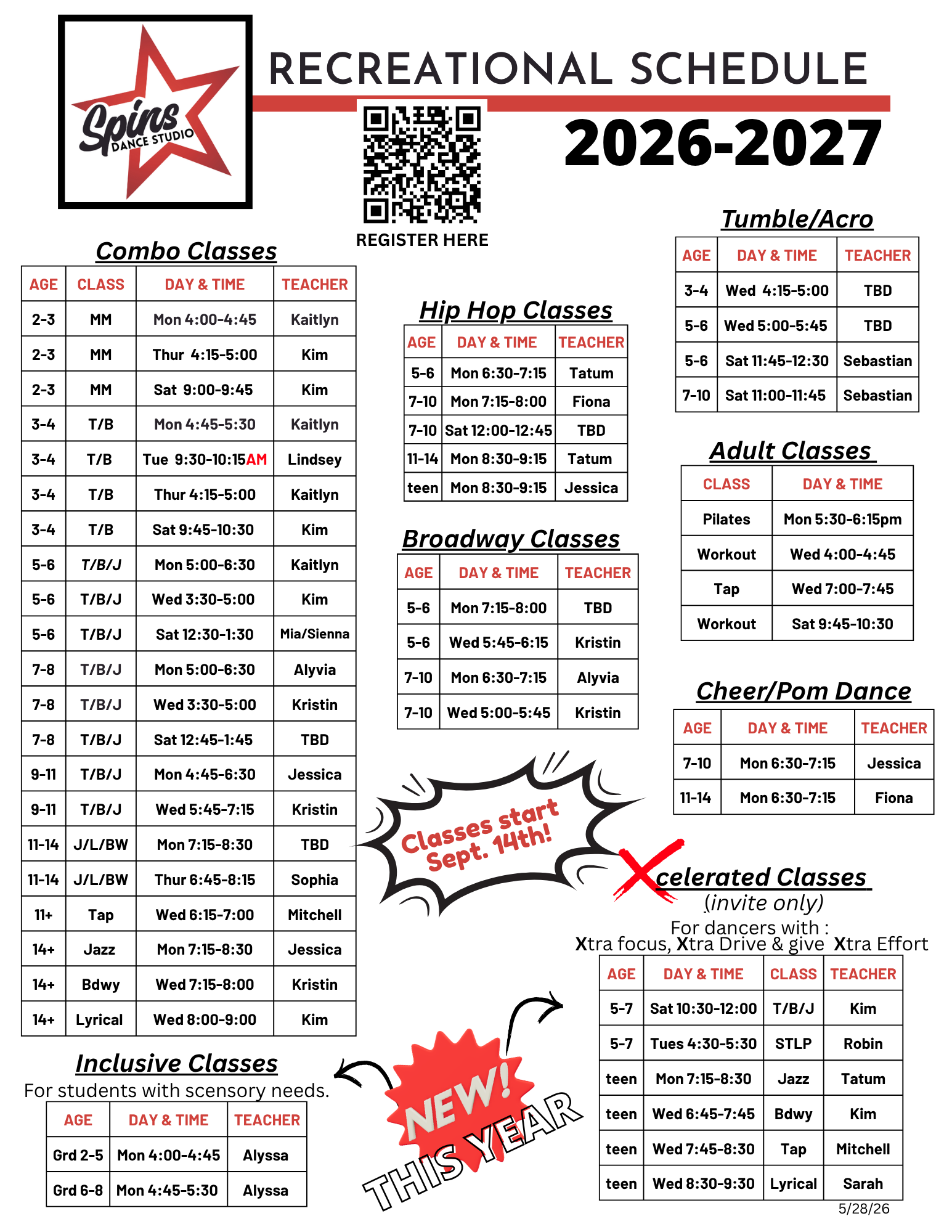 Flyer for Spins dance studio summer classes and camps with dates, times, and a registration QR code. Flyer for Spins dance studio summer classes and camps with dates, times, and a registration QR code.