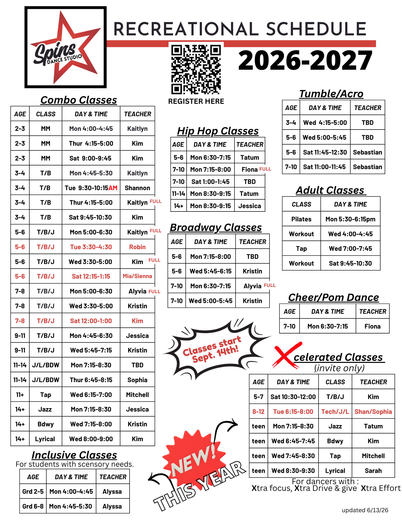Recreational schedule poster for 2026–2027 with class times, dates, and camp/event details