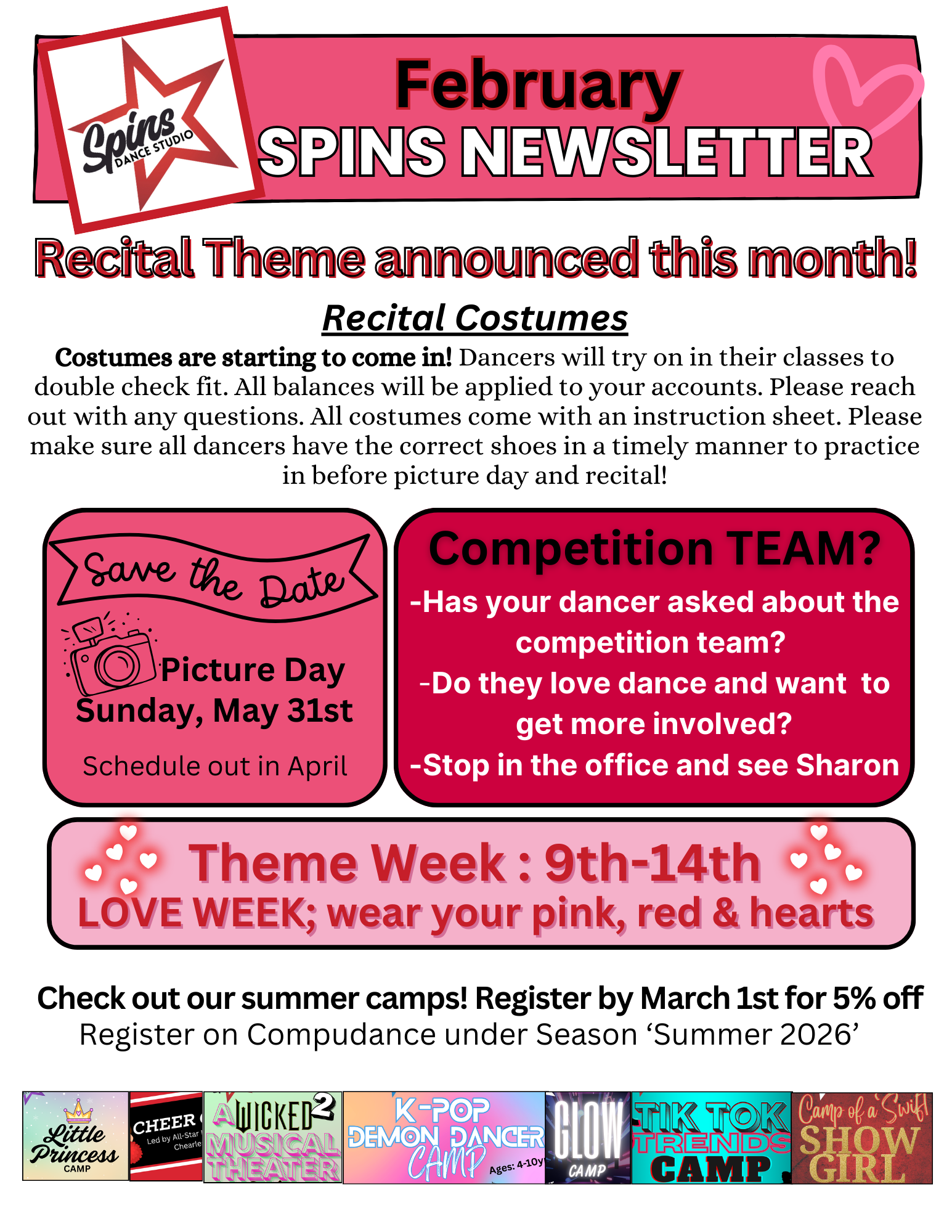 February newsletter with recital info, picture day, competition team, and summer camp registration.
