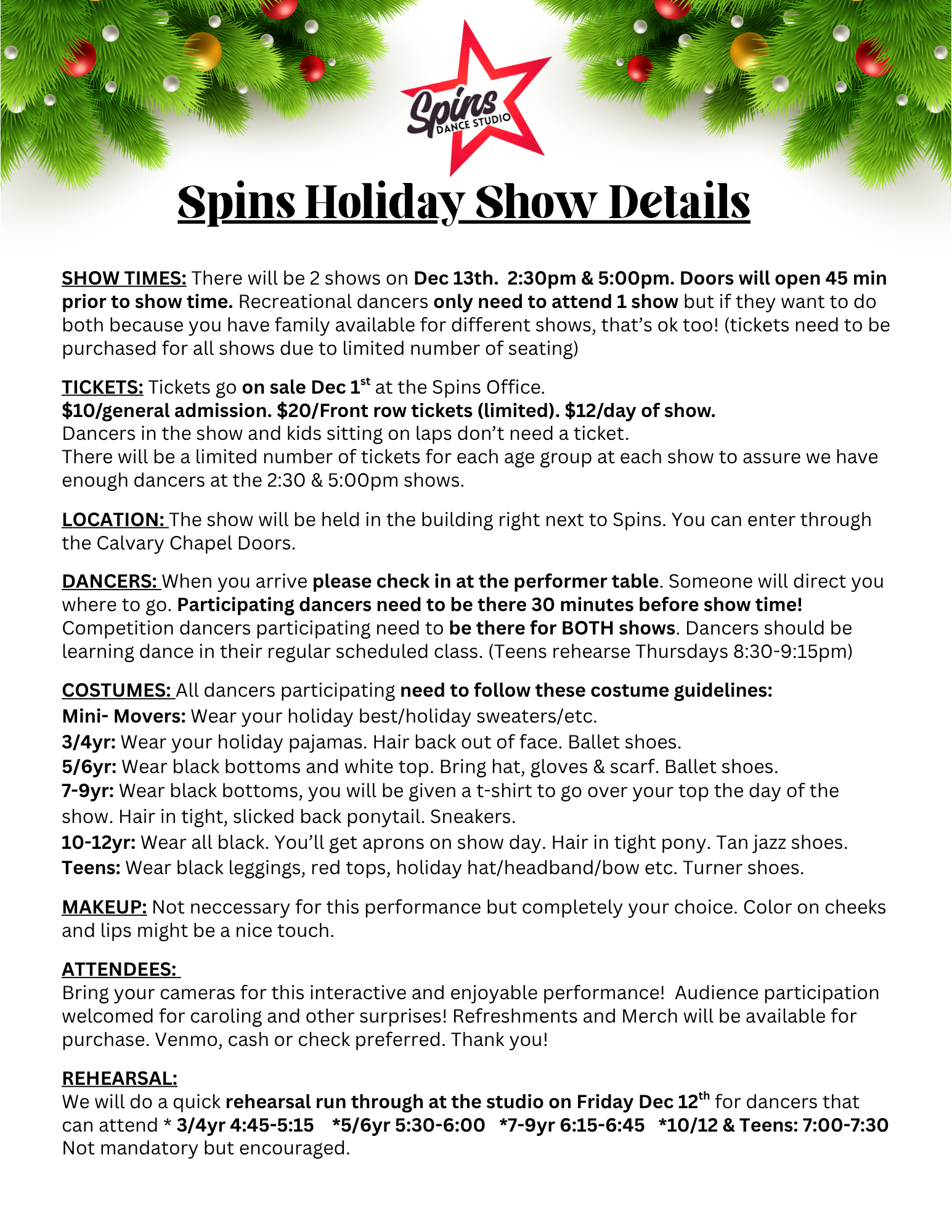 Spins Holiday Show Details flyer with holiday decorations. Contains show times, locations, and other event information.